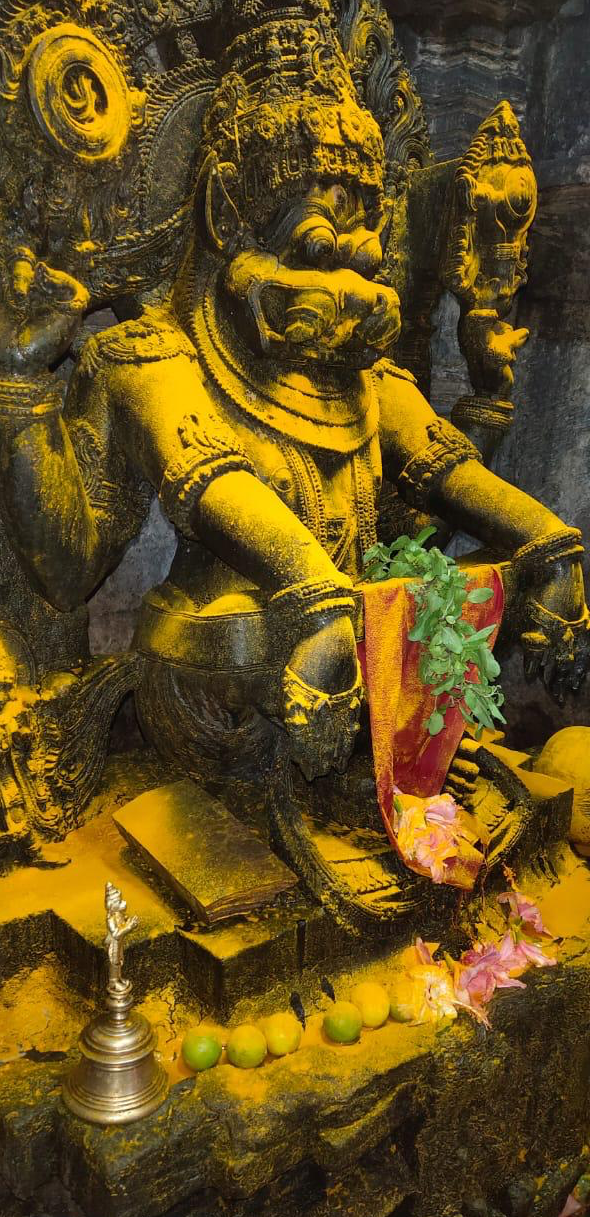 Yoga Narasimha anointed with turmeric, viewed from the left